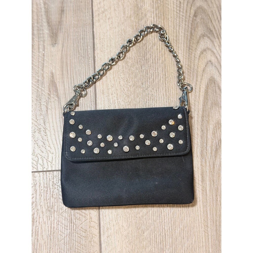 Express Y2K Mini Studded Bag Black Satin Rhinestone Chain Shoulder‎ Handbag